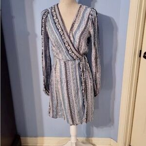 Blue Rain Silver Gray Wrap Dress with Bishop Sleeves